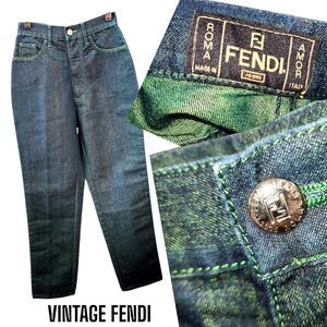 FENDI ROMA AMOR NWOT! 28 Vtg Italy Contrast Green Stitch Embroidered Logo Jeans